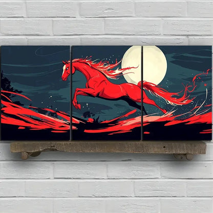 3pcs Horse Jumping Under Moonlight Red Themed Metal Print Ready to Hang Art - Bella Home Decor