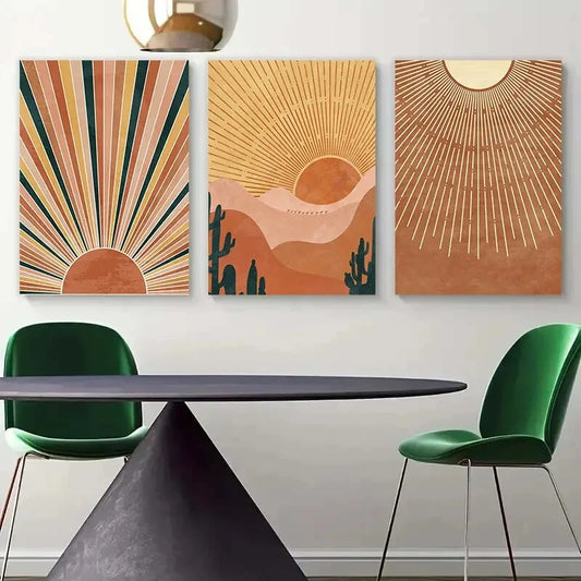 3pcs Vibrant Orange Desert Sun Bohemian Metal Print Ready to Hang Art