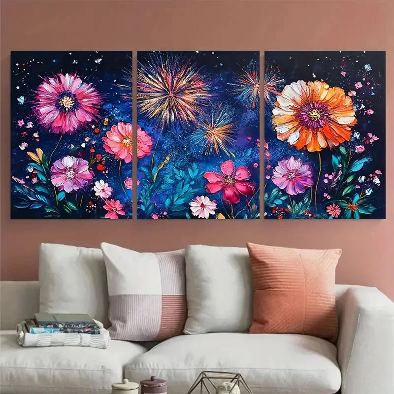 3pcs Festival Celebration Colorful Floral Metal Print Ready to Hang Art - Bella Home Decor