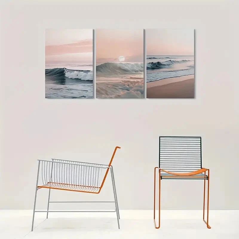 3pcs Beach Sunset Ocean Waves and Sky Metal Print Ready to Hang Art - Bella Home Decor