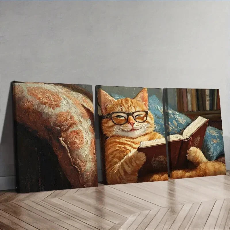 3pcs A cat reading on the couch Style Wall Art Set Canvas Framed 50x70cm - High Quality Print 100% Australian Made Wall Canvas Ready to Hang