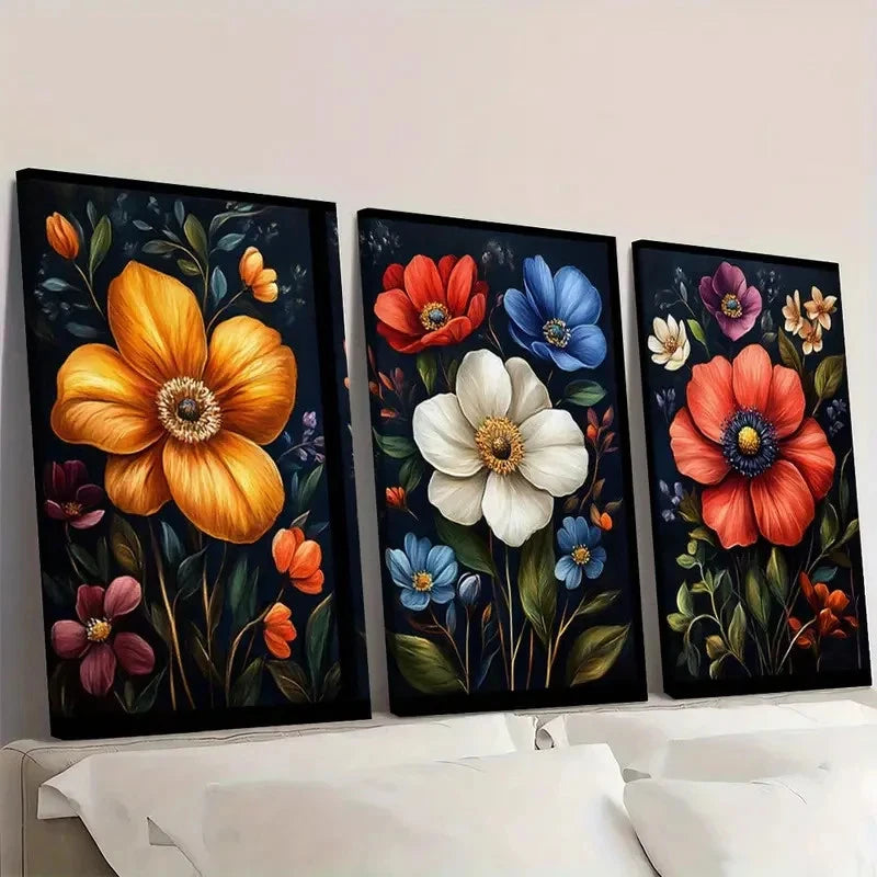 3pcs Art Set Dark Wildflower Floral  IO  Wall Art Set Canvas Framed 60x90cm - High Quality Print 100% Australian Made Wall Canvas Ready to Hang - Bella Home Decor