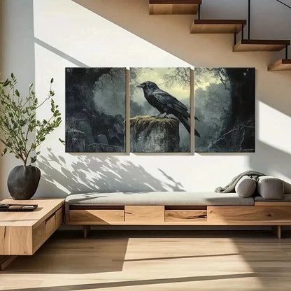 3pcs Mysterious Crow Gothic Raven Forest Wall Art Set Canvas Framed 50x70cm - High Quality Print 100% Australian Made Wall Canvas Ready to Hang - Bella Home Decor