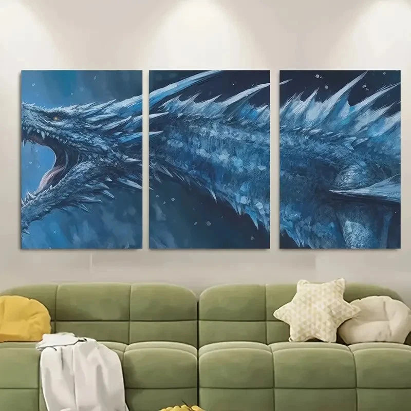 3pcs Blue Ice Dragon Metal Print Ready to Hang Art - Bella Home Decor