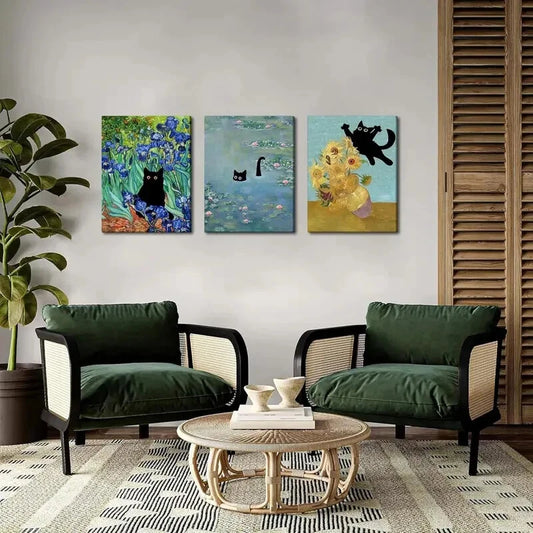 3pcs Funny Cat in Water Lilies Sunflower Cat Metal Print Ready to Hang Art