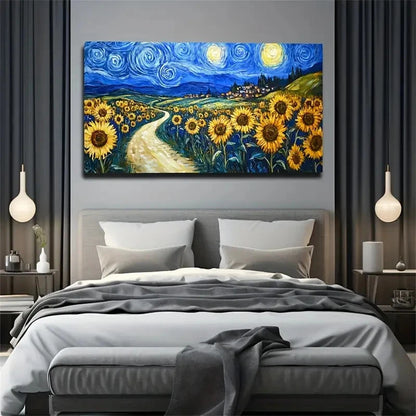 Sunflowers Under The Moonlight Wall Art Canvas Office Home Room Framed 120x60cm