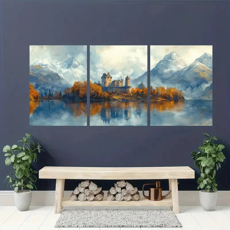 3pcs Watercolor Castle Scottish Landscape Metal Print Ready to Hang Art - Bella Home Decor