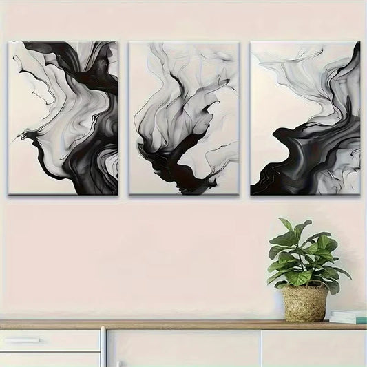 3pcs Black And White Smoke Abstracts Metal Print Ready to Hang Art