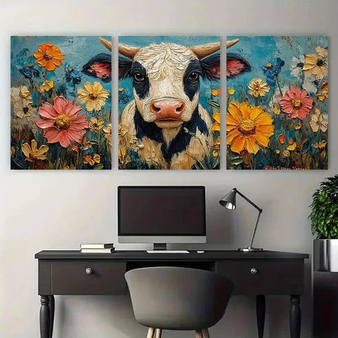 3pcs Cow Farm Animals with Florals Illustration Wall Art Set Canvas Unframed - High Quality Print 100% Australian Made Wall Canvas - Bella Home Decor
