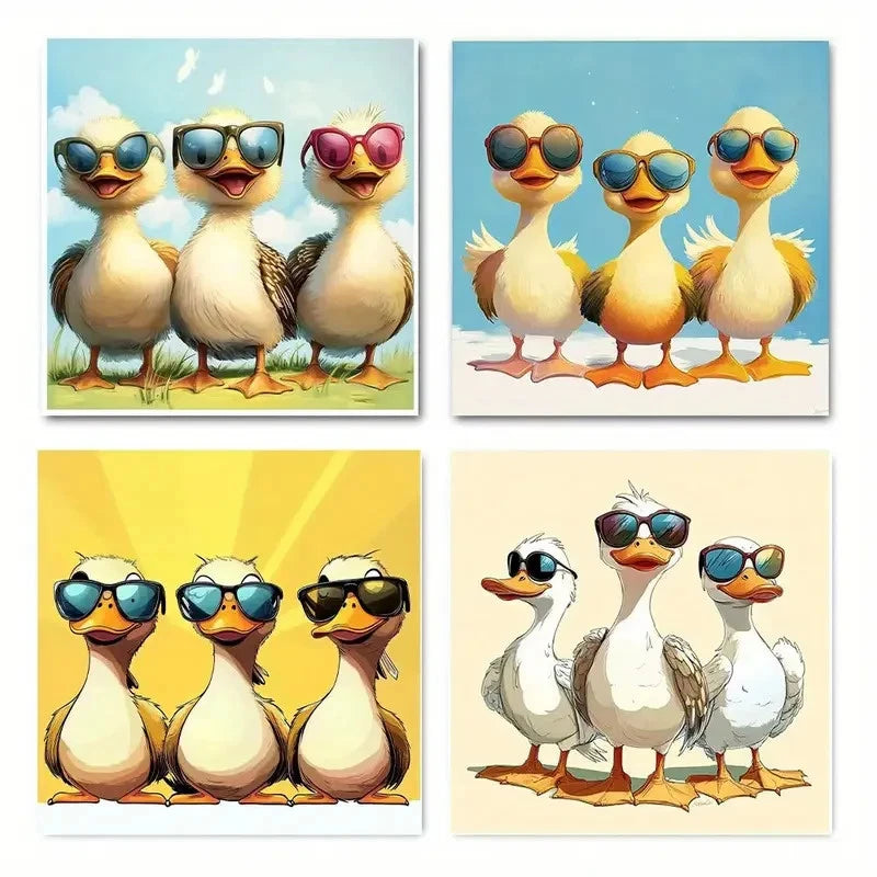 4pcs Three Funny Ducks in Glasses Wall Art Canvas Framed