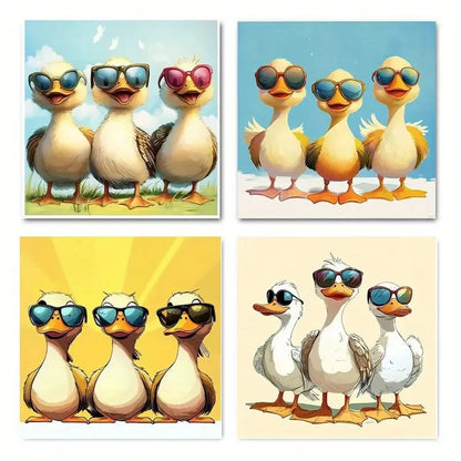 4pcs Three Funny Ducks in Glasses Wall Art Canvas Framed