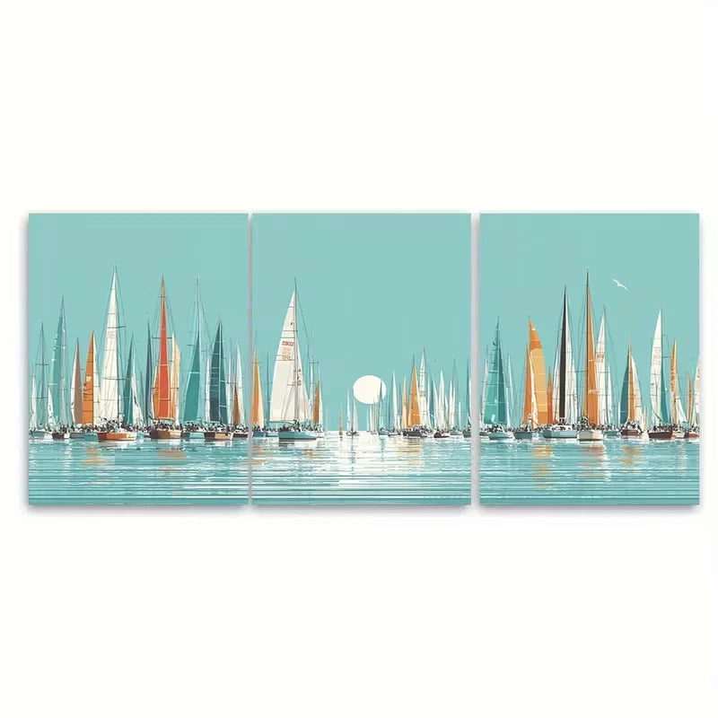 3pcs Sailing Boats Modern Coastal Decor Metal Print Ready to Hang Art