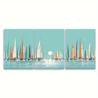 3pcs Sailing Boats Modern Coastal Decor Metal Print Ready to Hang Art