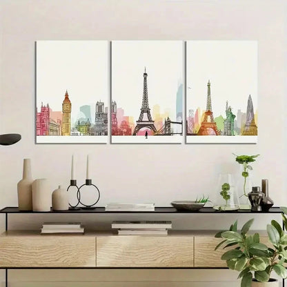 3pcs Skyline of Famous Landmarks Painting Metal Print Ready to Hang Art