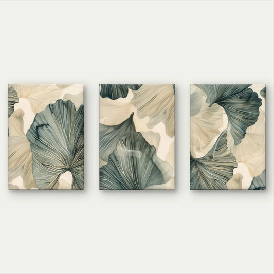 3pcs Modern Neutral Blue and Grey Leaves Wall Art Set Canvas Framed 50x70cm - High Quality Print 100% Australian Made Wall Canvas Ready to Hang