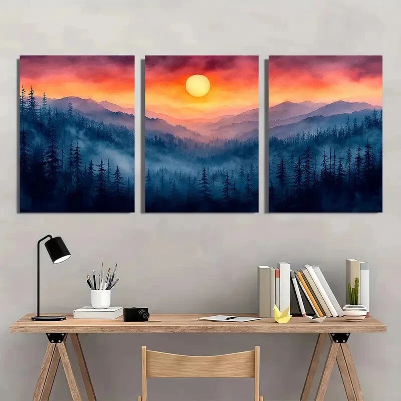 3pcs Watercolor Mountain Sunset Landscape Metal Print Ready to Hang Art - Bella Home Decor