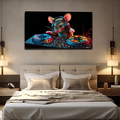 Playful Mouse DJing Headphones Wall Art Canvas Office Home Room Framed 120x60cm