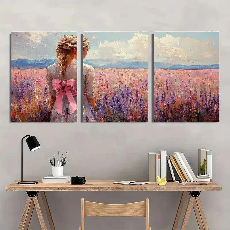 3pcs Pink Bow Art Wildflowers Bouquet Painting Metal Print Ready to Hang Art - Bella Home Decor
