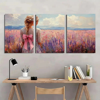 3pcs Pink Bow Art Wildflowers Bouquet Painting Metal Print Ready to Hang Art - Bella Home Decor