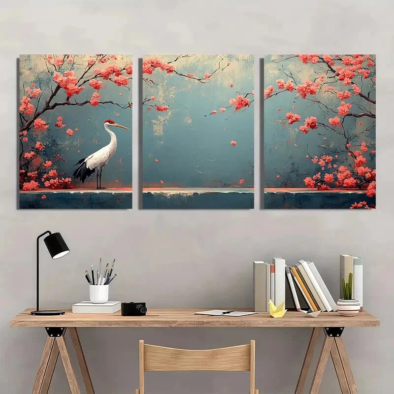 3pcs Japanese Cherry Blossoms & Crane Metal Print Ready to Hang Art - Bella Home Decor