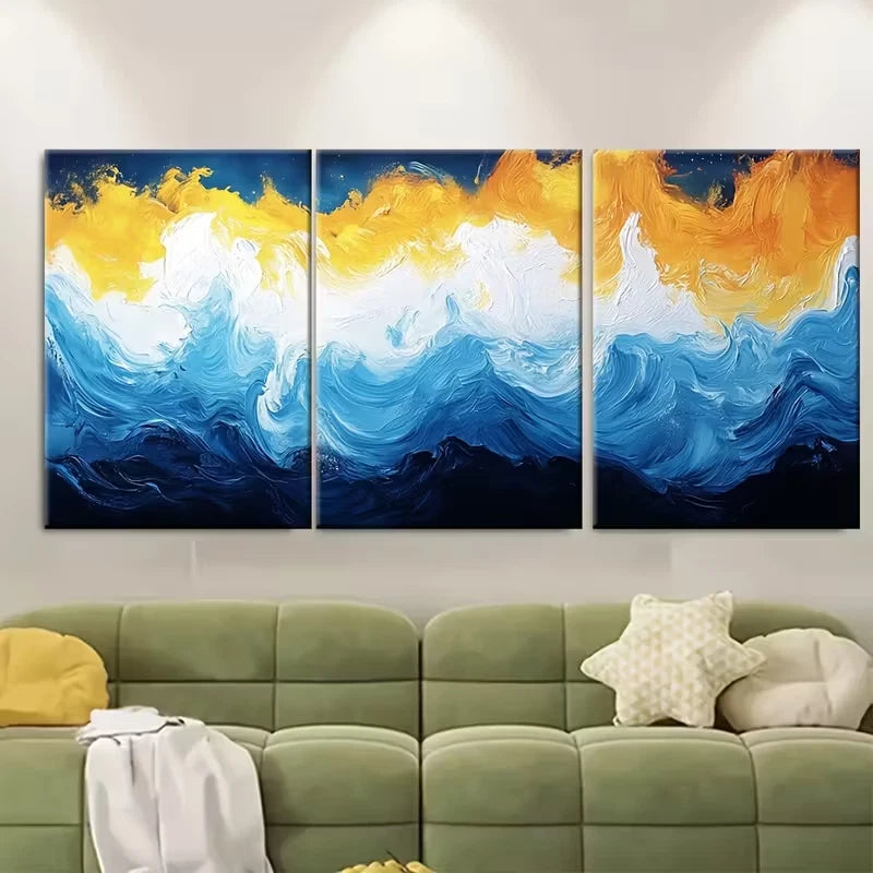 3pcs Abstract Blue Yellow White Metal Print Ready to Hang Art - Bella Home Decor