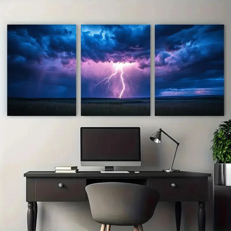 3pcs Thunderstorm with Dramatic Lightning Storm Metal Print Ready to Hang Art - Bella Home Decor