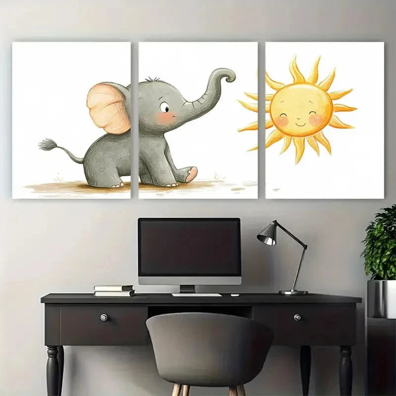 3pcs Babar Elephant doing Yoga Sun Salutation Wall Art Set Canvas Framed 60x90cm - High Quality Print 100% Australian Made Wall Canvas Ready to Hang - Bella Home Decor