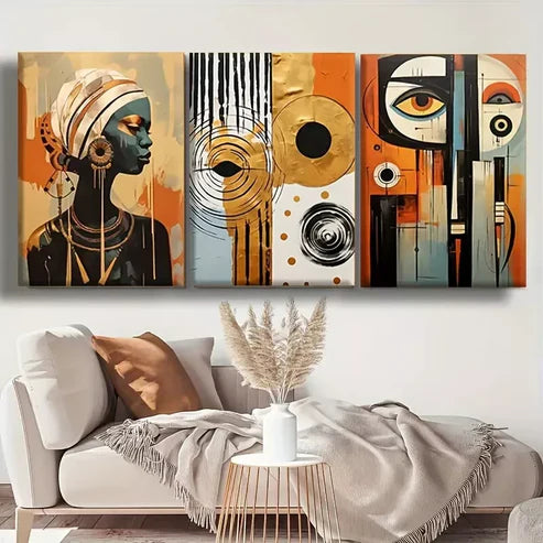 3pcs Abstract Modern African Boho Art with Golden Wall Art Set Canvas Unframed - High Quality Print 100% Australian Made Wall Canvas