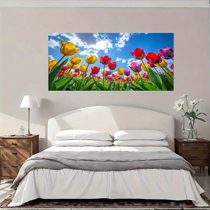 Vibrant Tulips Under Blue Sky Wall Art Canvas Office Home Room Framed 120x60cm