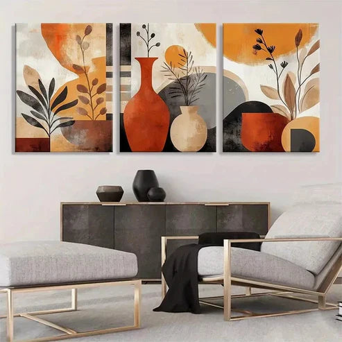 3pcs Abstract Vase Plant Geometric Shapes Wall Art Canvas Unframed - High Quality Print 100% Australian Made Wall Canvas - Bella Home Decor