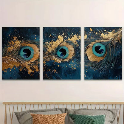 3pcs Vibrant Peacock Feather Abstract Art  Wall Art Set Canvas Framed 40x60cm - High Quality Print 100% Australian Made Wall Canvas Ready to Hang