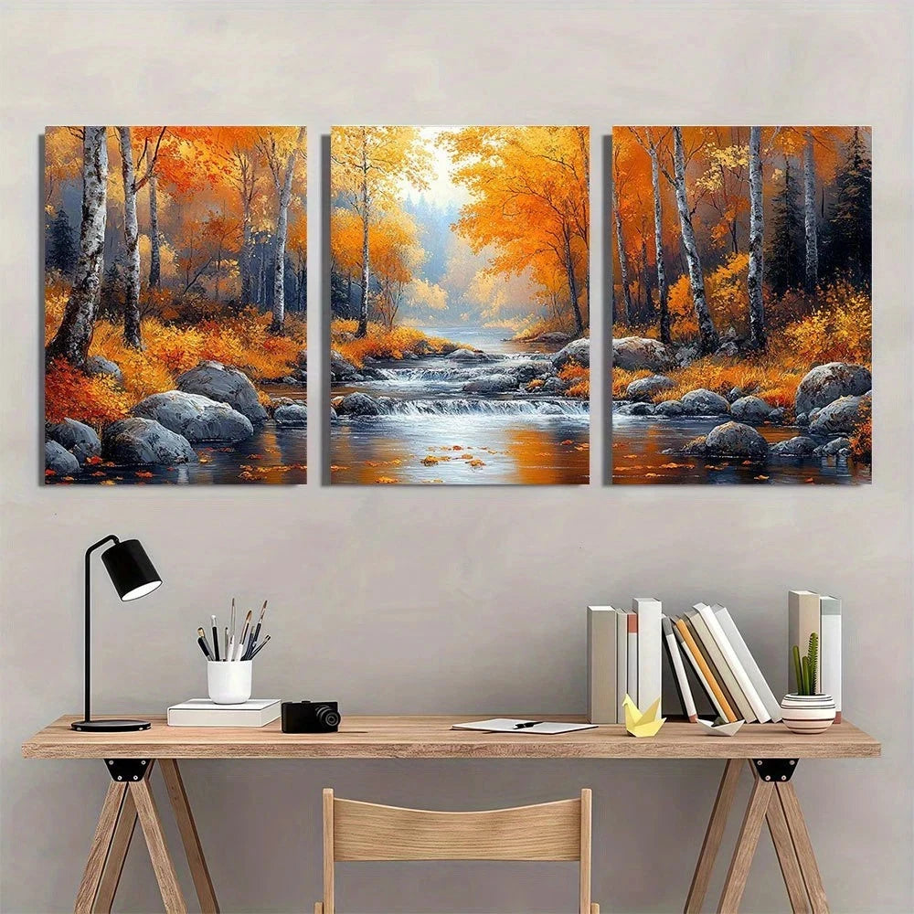 3pcs Autumn Scenery Vibrant Fall Leaves & River Metal Print Ready to Hang Art - Bella Home Decor