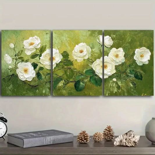 3pcs A painting of white wild roses Wall Art Set Canvas Framed 60x90cm - High Quality Print 100% Australian Made Wall Canvas Ready to Hang