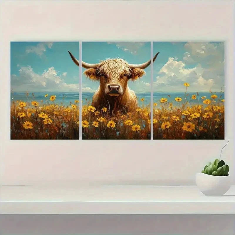3pcs Rustic Highland Cow & Dandelions Decor Metal Print Ready to Hang Art - Bella Home Decor