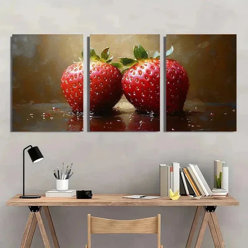 3pcs Vibrant Strawberry Realistic Perfect Wall Art Canvas Unframed - High Quality Print 100% Australian Made Wall Canvas