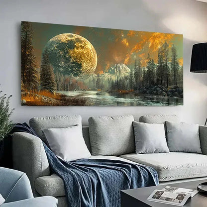 Detailed Nature Scene with Moon Wall Art Canvas Office Home Room Framed 120x60cm