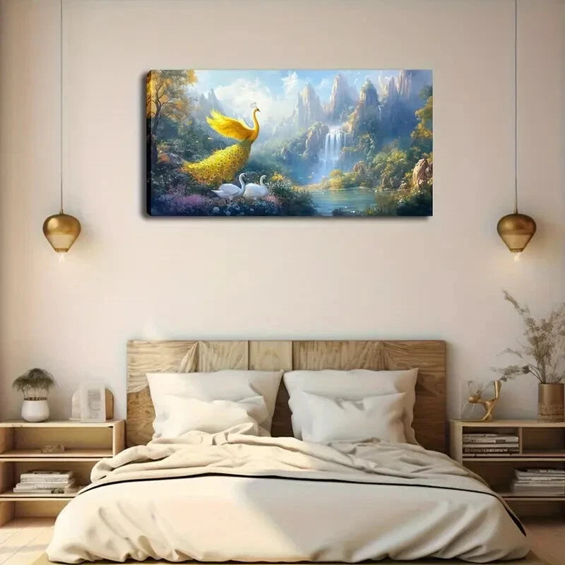 Golden Peacock And Swans Wall Art Canvas Office Home Room Framed 120x60cm - Bella Home Decor