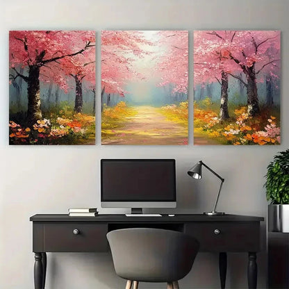 3pcs Park Path with Wildflower Cherry Blossom Tree Metal Print Ready to Hang Art - Bella Home Decor