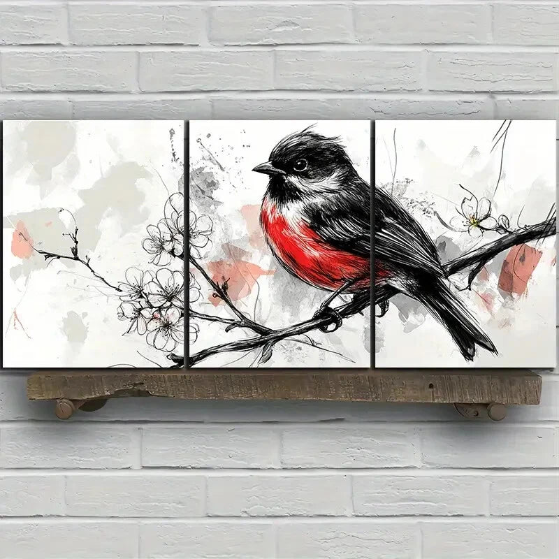 3pcs Birds on Plum Blossom Branches Black & White Metal Print Ready to Hang Art - Bella Home Decor