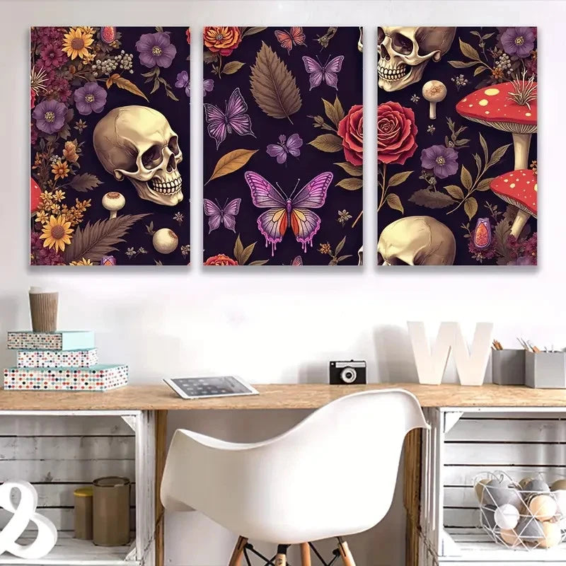 3pcs Skull and flower patterns painting  Wall Art Set Canvas Framed 40x60cm - High Quality Print 100% Australian Made Wall Canvas Ready to Hang