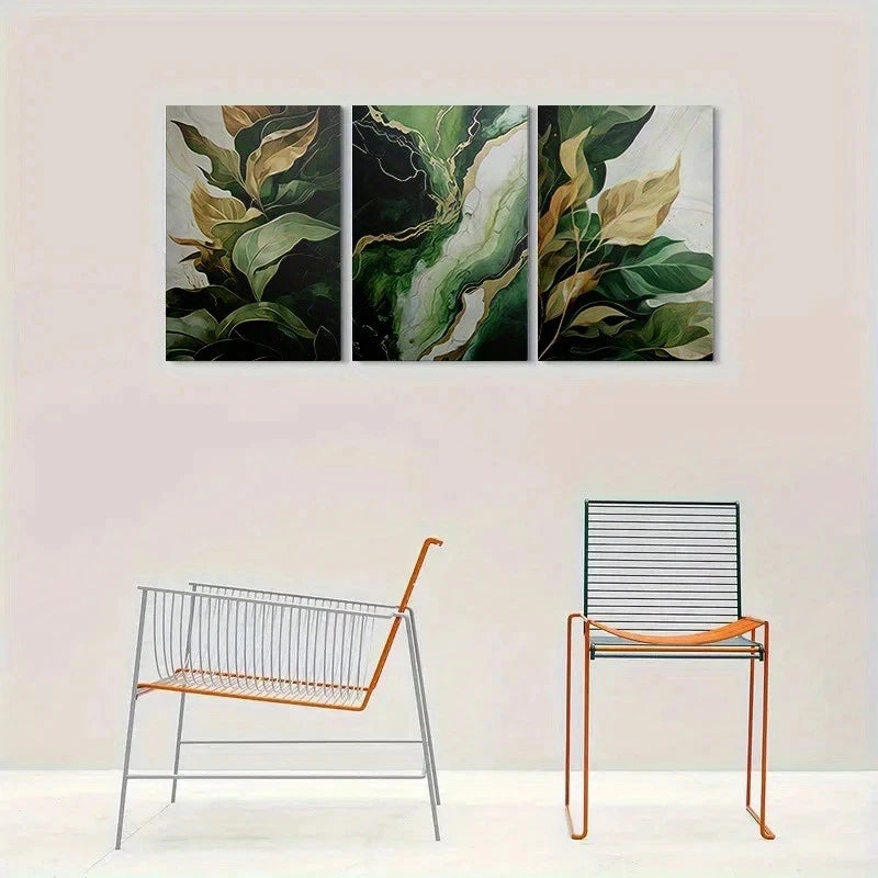 3pcs Modern Green Leaf Painting Abstract Metal Print Ready to Hang Art - Bella Home Decor