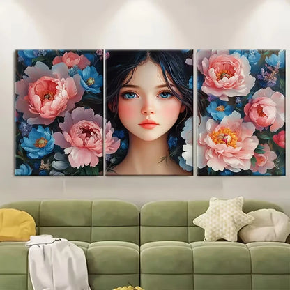 3pcs Woman with Peony Flowers Metal Print Ready to Hang Art