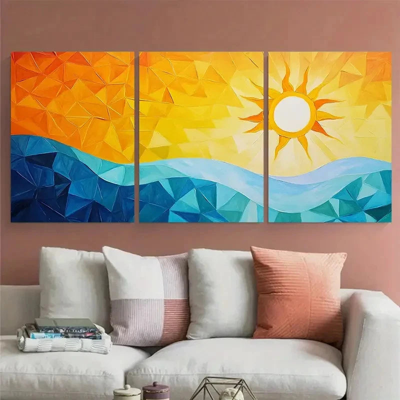 3pcs Abstract Geometric Sun and Sky Design Wall Art Set Canvas Framed 50x70cm - High Quality Print 100% Australian Made Wall Canvas Ready to Hang - Bella Home Decor