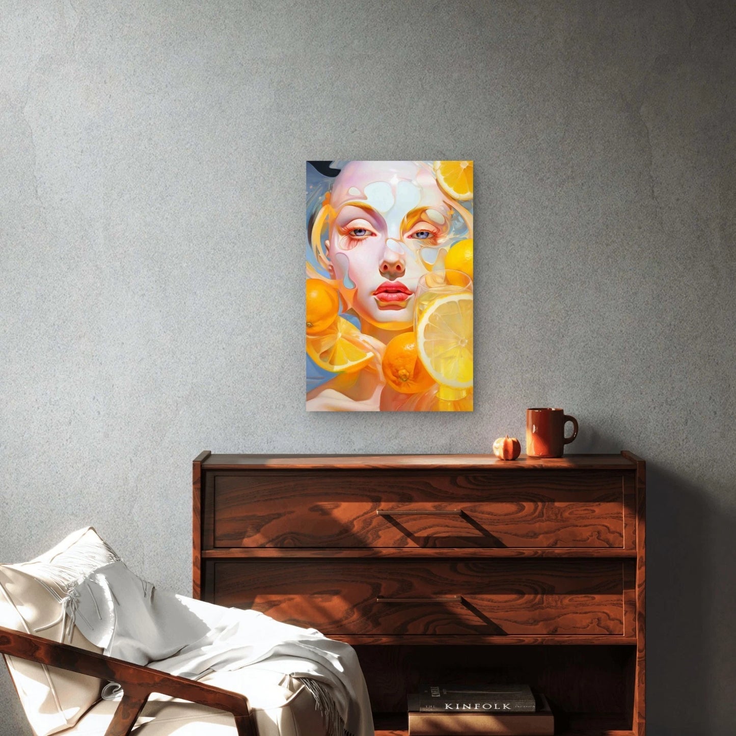 Female Face with Vibrant Orange and Yellow Tones Metal Print Ready to Hang