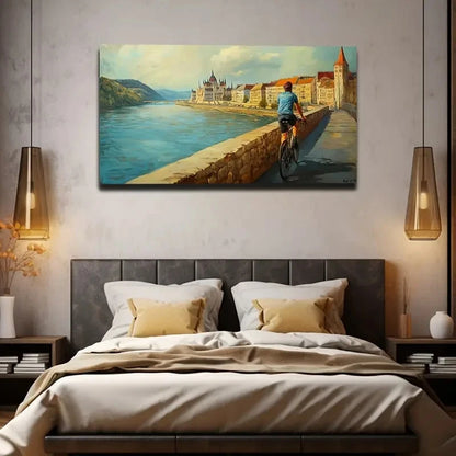 Cyclist By The Castle Beautiful Wall Art Canvas Office Home Room Framed 120x60cm