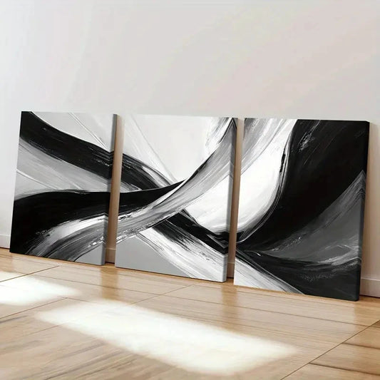 3pcs Abstract Black White Swirls Modern Art Wall Art Set Canvas Framed 40x60cm - High Quality Print 100% Australian Made Wall Canvas Ready to Hang