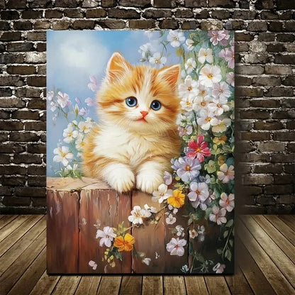Adorable Orange Kitten with Floral Background Painting 40x60cm Metal Print Ready to Hang - Bella Home Decor