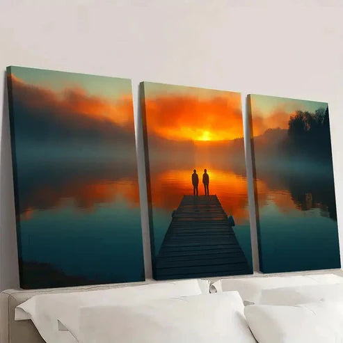 3pcs Dockside Serene Figures Over Water Q Wall Art Set Canvas Unframed - High Quality Print 100% Australian Made Wall Canvas
