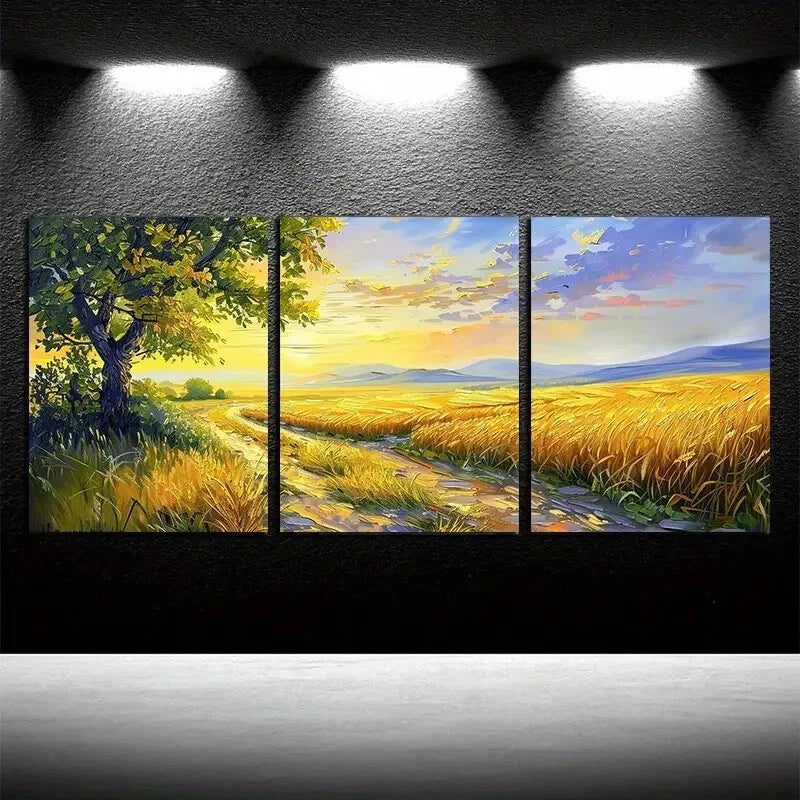 3pcs Vibrant Pastoral Field with Pathway Scene Metal Print Ready to Hang Art - Bella Home Decor