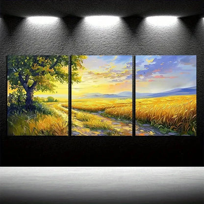 3pcs Vibrant Pastoral Field with Pathway Scene Metal Print Ready to Hang Art - Bella Home Decor